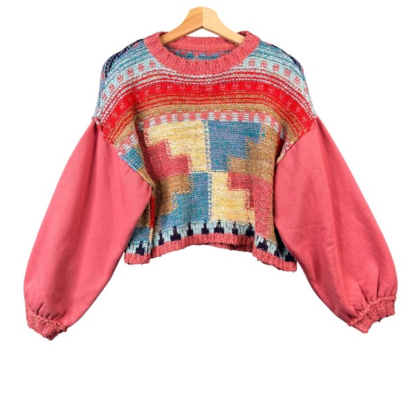 Pilcro Sweaters - Pilcro Mixed Media Cropped Sweater Multicolor Geometric Knit Balloon Sleeve XS
